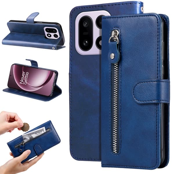 OnePlus 15 5G Plånboksfodral Zipper Pocket Konstläder - Blå Blå