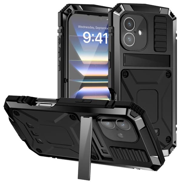 R-JUST Mobilskal till iPhone 16 PC+Silicone+Metal Ställ Svart
