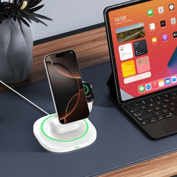 3-i-1 Magsafe trådløs oplader til iPhone Apple Watch AirPods Qi 15W Vit