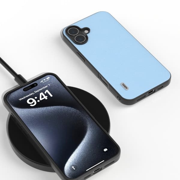 ABEEL Mobilskal till iPhone 16 Äkta Läder Coated PC+TPU Hybrid Blå
