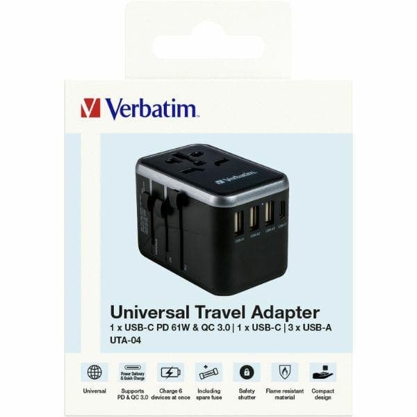Verbatim Rejselader 61W PD 2xUSB-C 3xUSB-A EU/UK/USA - Sort Svart