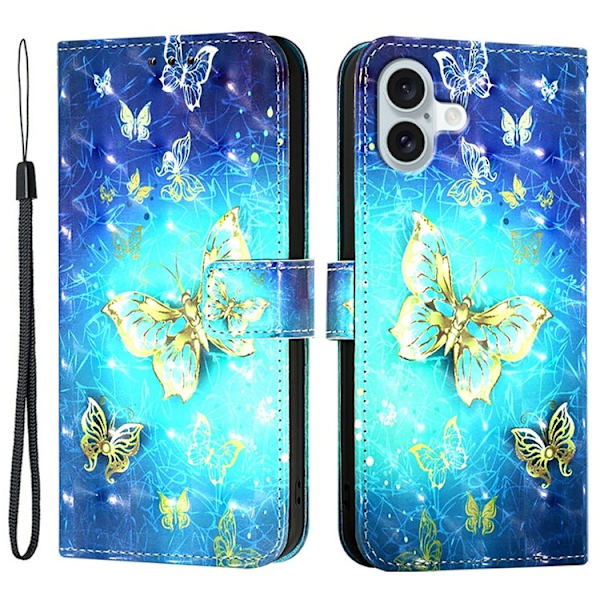 iPhone 16 Plånboksfodral Printing Pattern Med Rem Blå