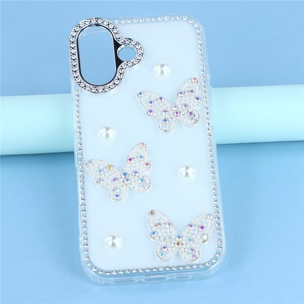 Mobilskal till iPhone 17 Rhinestone Edge Pearl Butterfly Vit