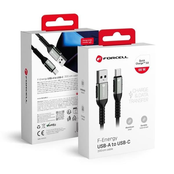 Forcell USB-A till USB-C Kabel 66W 3m QC3.0 3A Cafule - Svart Svart