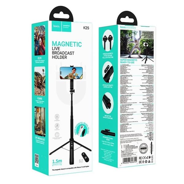 Hoco Magnetisk Selfie Stick Bluetooth Tripod med Fjärrkontroll K25 - Svart