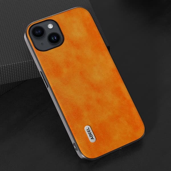 ABEEL Mobilskal till iPhone 15 PU Läder Coated TPU+PC Litchi Orange