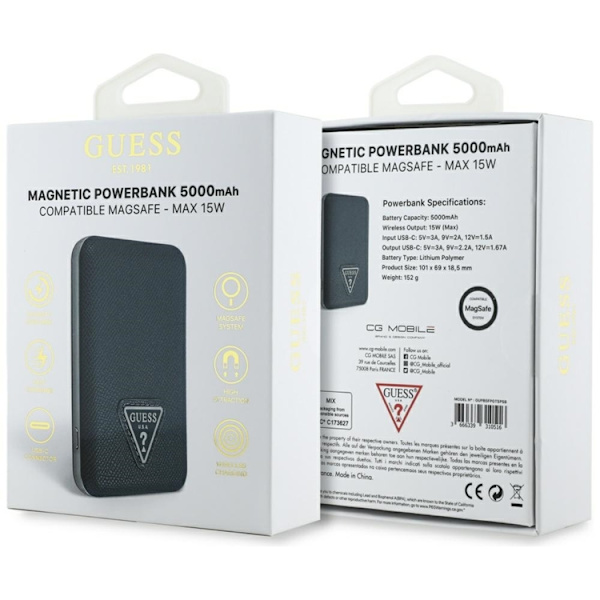 Guess MagSafe Trådlös Power Bank 5000mAh 15W USB-C Grained Triangle Inductive Blå