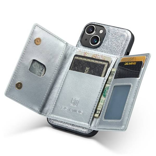 DG.MING M3 Series iPhone 15 Plus Konstläder Plånboksfodral Kickstand Silver