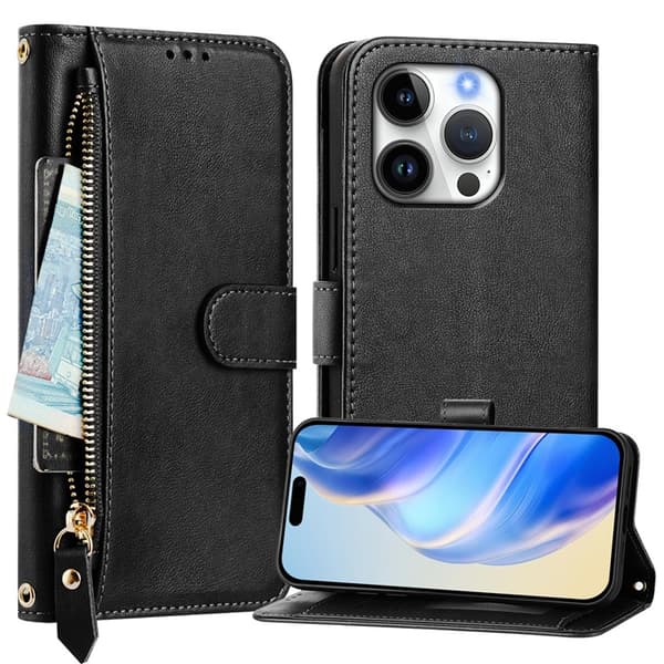 iPhone 16 Pro Plånboksfodral Zipper Pocket Läder - Svart Svart