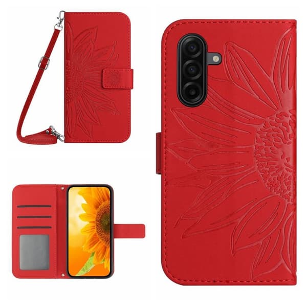 Samsung Galaxy S26 Plånboksfodral Solros Prägling Konstläder - Röd