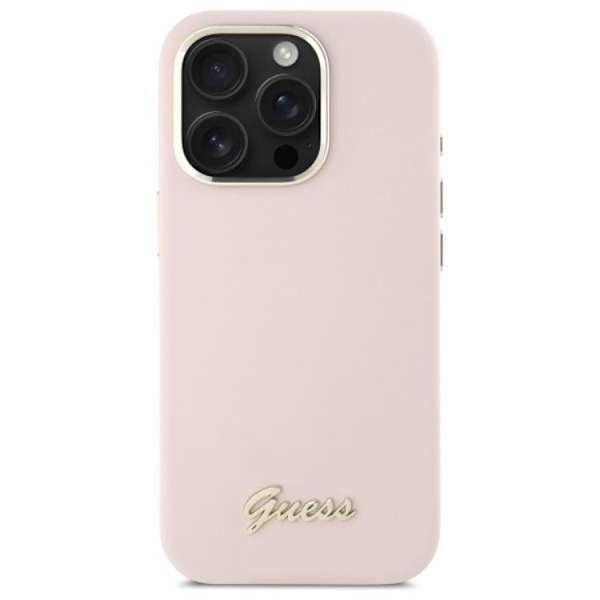 Guess Mobilskal till iPhone 16 Pro Silikon Script Metal Logo - Rosa Rosa