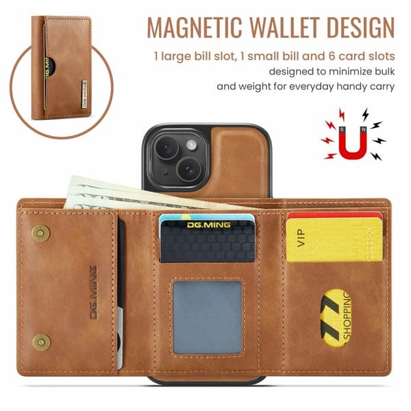 DG.MING M6 Series Mobilskal till iPhone 14 Plus Magnetiskt Plånboksfodral Brun