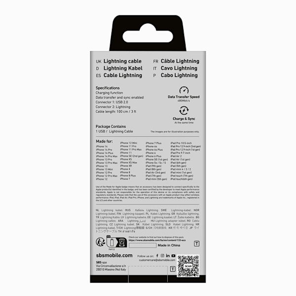 SBS USB-A - Lightning Kabel 1m MFi Certified - Svart