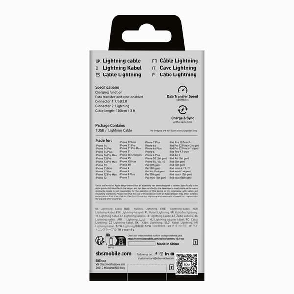 SBS USB-A - Lightningkabel 1m MFi-certificeret - Sort Svart