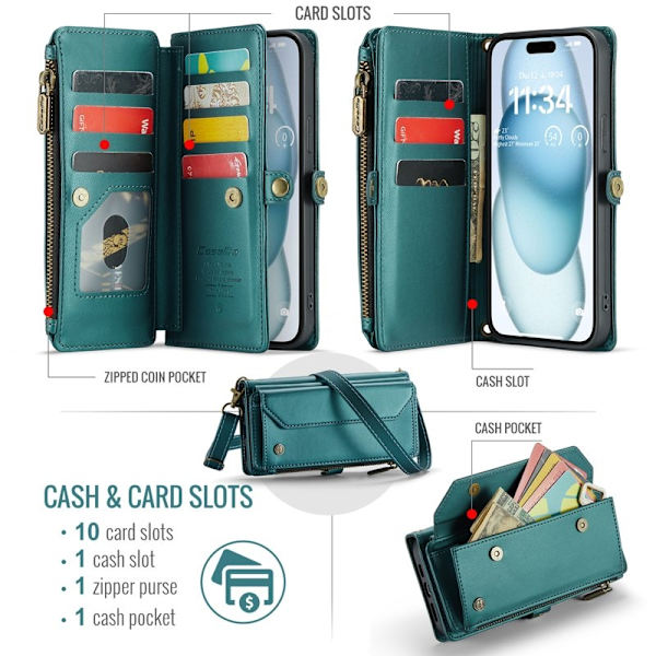 CASEME Plånboksfodral Konstläder för iPhone 15 Plus - Grön