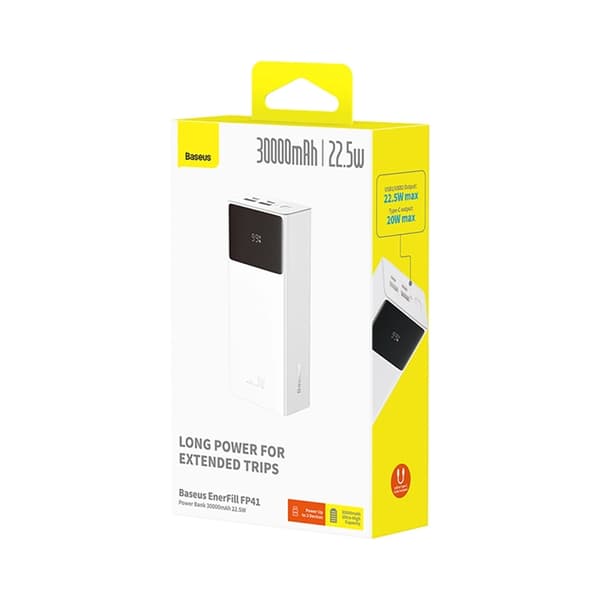 Baseus Powerbank 30000mAh 22.5W USB-A - USB-C Kabel 30cm Vit Vit