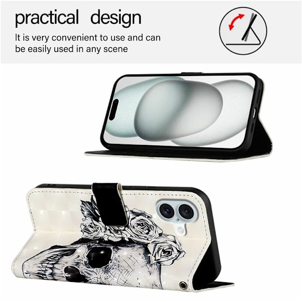 iPhone 16 Plus Plånboksfodral Printing Pattern Med Rem Vit