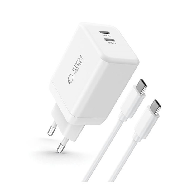 Tech-Protect NC45W-GAN 2-Port Snabbladdare PD 45W + Typ-C Kabel Vit