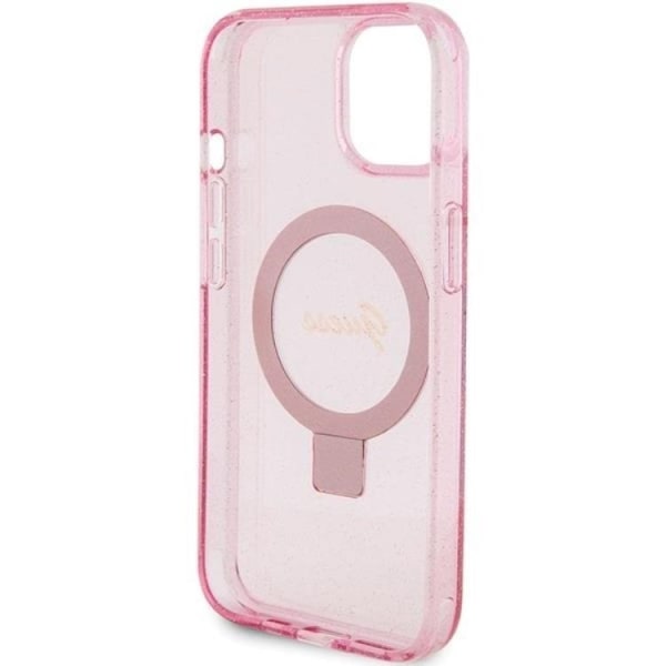 Guess iPhone 15 Mobilskal Magsafe Ringställ Script Glitter - Rosa