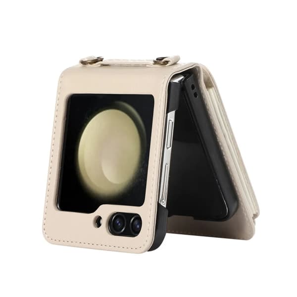Galaxy Z Flip7 Plånboksfodral Ring Kickstand med Lång rem - Beige Beige