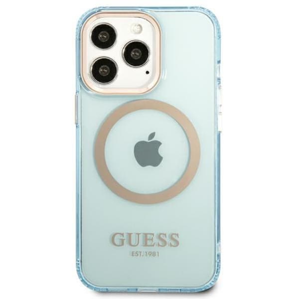 GUESS iPhone 13 Pro Skal MagSafe Guld Outline Translucent - Blå Blå