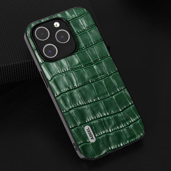 ABEEL Mobilskal till iPhone 15 Pro Crocodile Textur Grön Äkta Läder Leather
