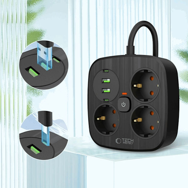 Tech-Protect Grenuttag PCS3X4 2 USB & 2 Typ-C & 3 Socket 2m Svart