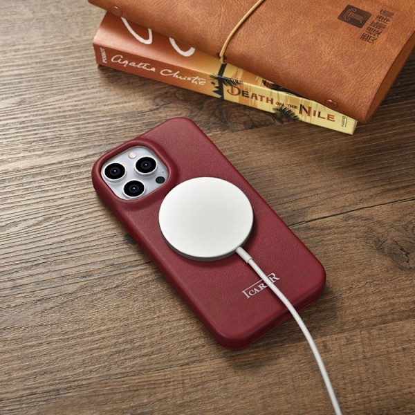 iCarer iPhone 14 Pro Plånboksfodral Magsafe CE Läder - Röd