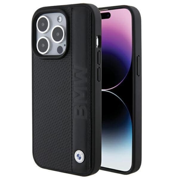 BMW telefontaske til iPhone 15 Pro læder tekstureret & stribe - sort Black