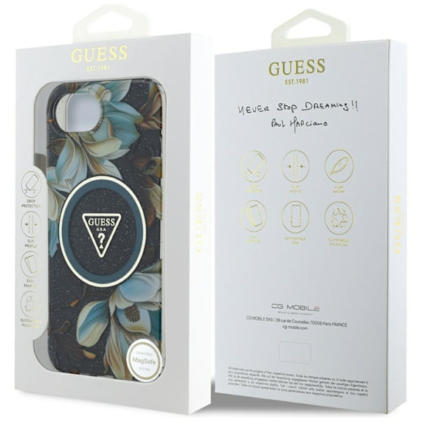 Guess Telefontaske til iPhone 16e Magsafe Glitter Flower - Sort