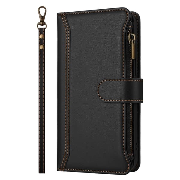 iPhone 17 Pro Konstläder Plånboksfodral Zipper Med Rem - Svart Svart