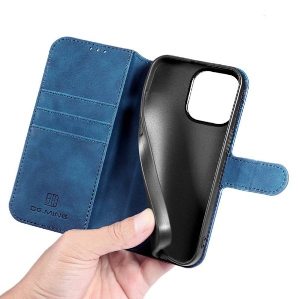 DG.MING iPhone 14 Pro Max Konstläder Plånboksfodral Retro Stil Magnetisk Blå