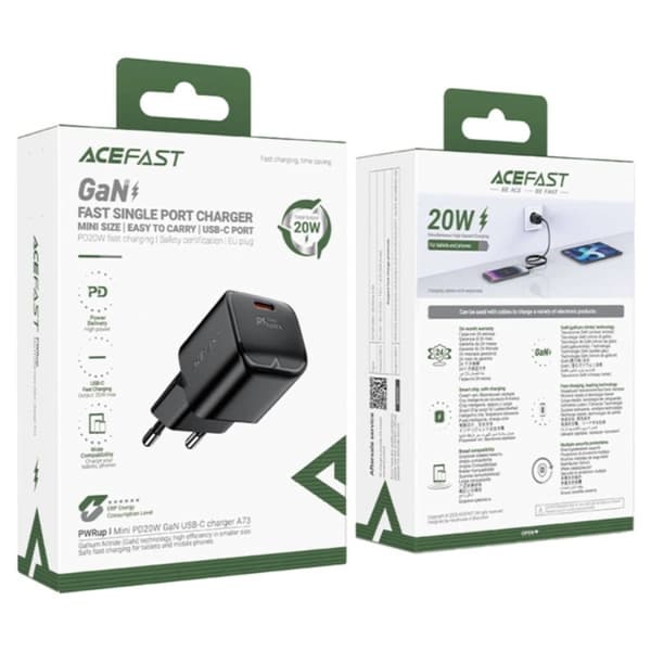 Acefast Väggladdare USB-C 20W GaN - Svart Svart