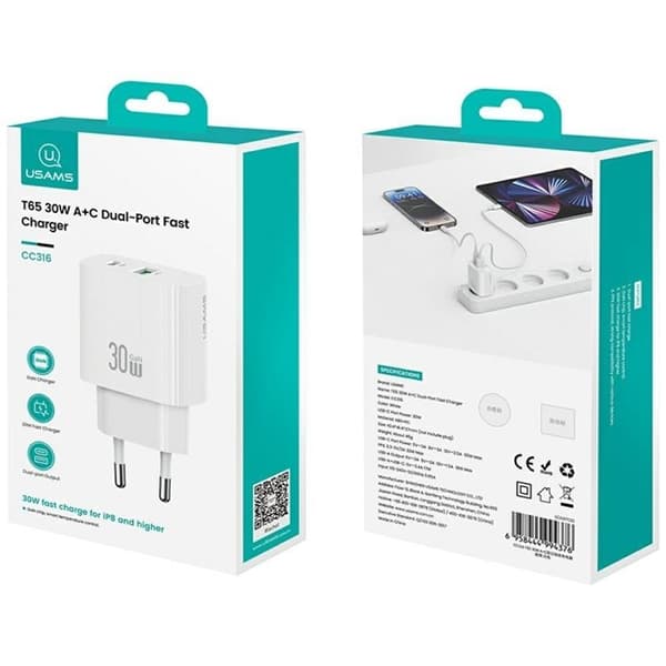 USAMS Hurtigoplader 30W 1xUSB-C 1xUSB-A CC316 - Hvid Vit
