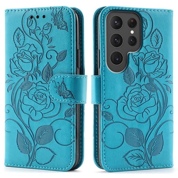 Galaxy S25 Ultra Konstläder Plånboksfodral Imprinted Rosa Butterfly - Blå Blå
