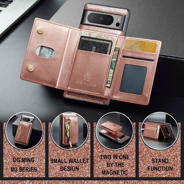 DG.MING M3 Series Konstläder Plånboksfodral för Google Pixel 8 Pro Roséguld