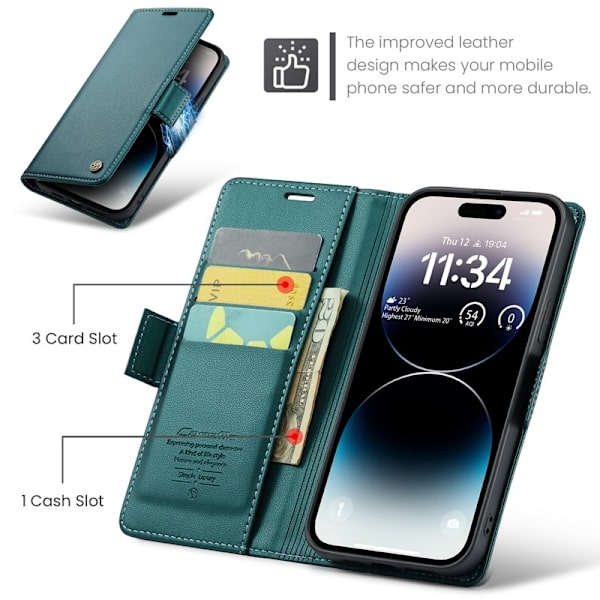 CASEME Plånboksfodral Konstläder iPhone 15 Pro Max RFID-Skydd Grön