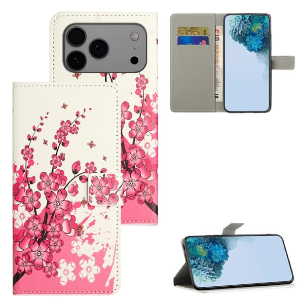 iPhone 17 Pro Max Konstläder Plånboksfodral Pattern Print - Plum Blossom Rosa