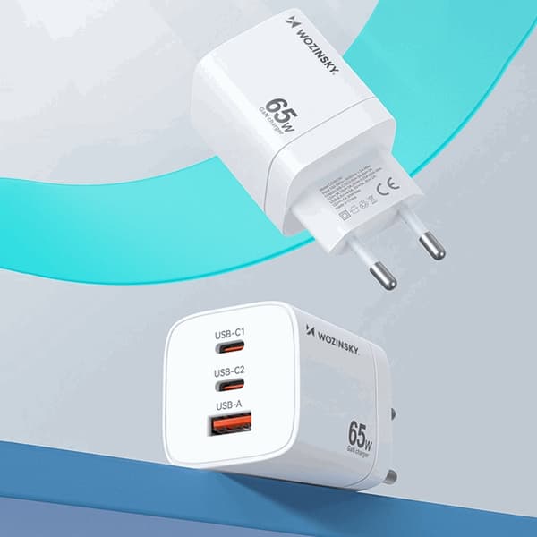 Wozinsky Väggladdare CGWCW 65W USB-A/2 x USB-C GaN - Vit Vit