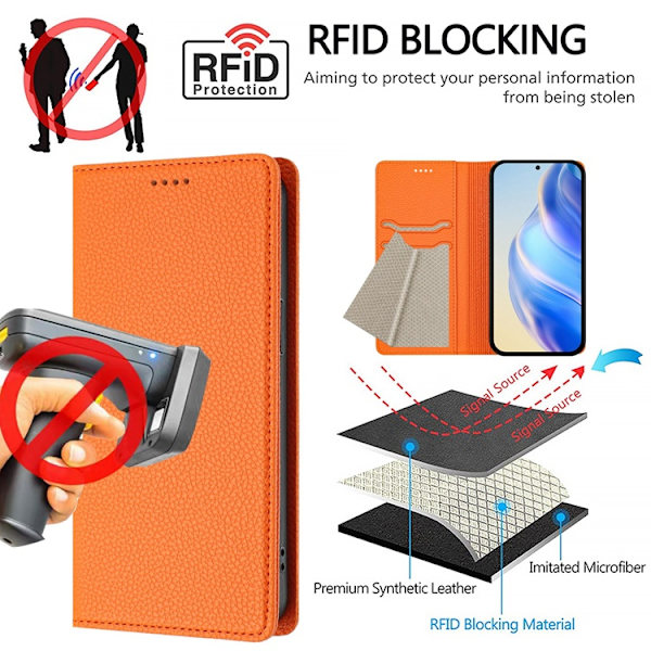 OnePlus 15 Plånboksfodral RFID-Skydd Litchi Konstläder Orange