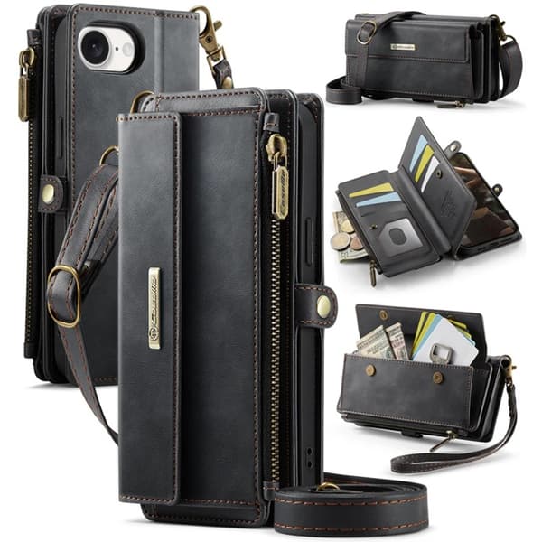 Caseme iPhone 16e Konstläder Plånboksfodral RFID-Skydd Zipper - Svart Svart