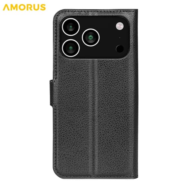 AMORUS iPhone 17 Pro Konstläder Plånboksfodral Flipstativ Litchi - Svart Svart
