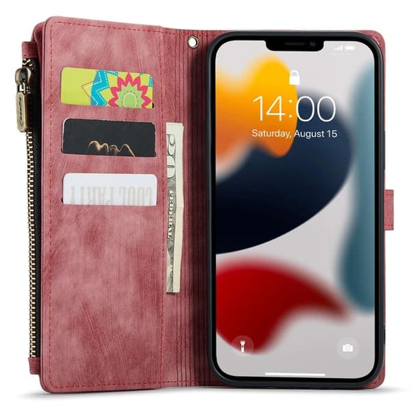 CASEME Konstläder Plånboksfodral för iPhone 13 Pro Max med Rem - Röd