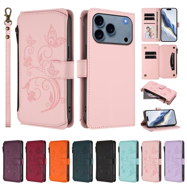 iPhone 17 Pro Max Plånboksfodral Butterfly Floral Imprint - Rosa Rosa