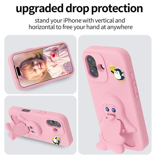 Penguin för Mobilskal till iPhone 16 Kickstand Stöttålig EVA - Rosa