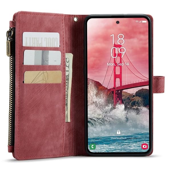 CASEME Konstläder Plånboksfodral för Samsung Galaxy A55 5G med rem - Röd