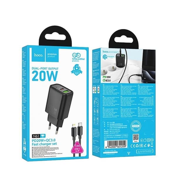 HOCO Väggladdare USB/USB-C 20W USB-C/USB-C Kabel N61 PD QC Black