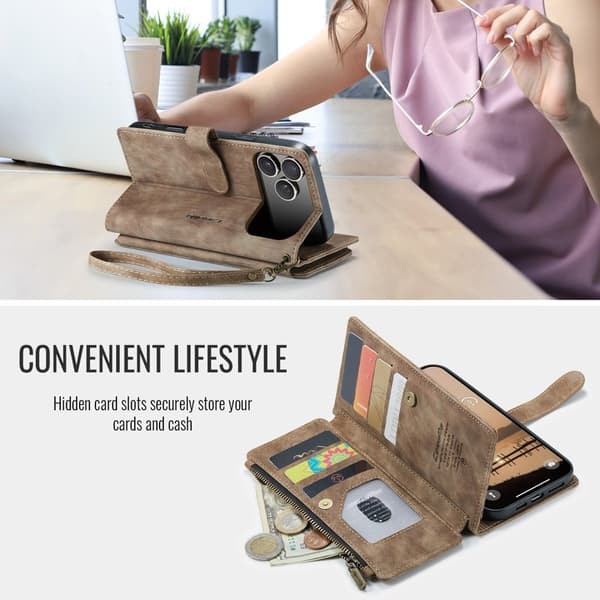 CASEME Konstläder Plånboksfodral för iPhone 17 Pro Max med Rem - Brun