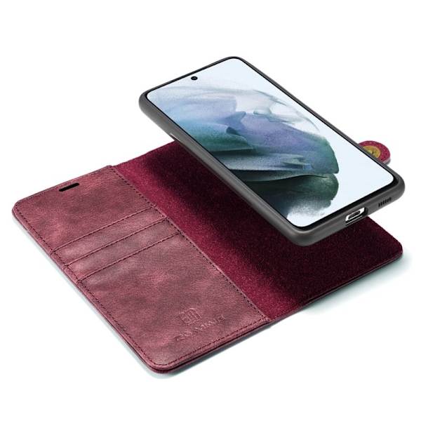 DG.MING Galaxy S21 FE 2-i-1 LäderÄkta Läder Plånboksfodral Röd