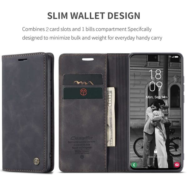 CASEME Konstläder Plånboksfodral Mobilskal för Samsung Galaxy S21 - Svart